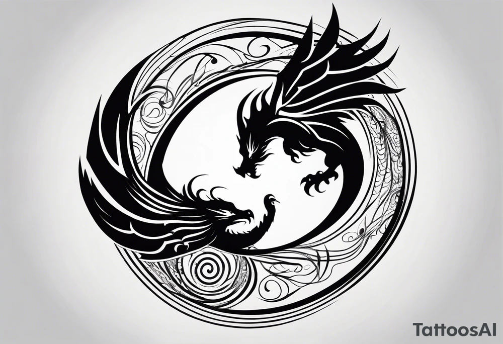 For a Gen Z-inspired dragon and phoenix tattoo, think of a clean, minimalist design that combines symbolism with bold, sleek lines. Imagine a dragon and phoenix spiraling together in a yin-yang-inspired layout. The dragon has a slightly abstract, modern shape, with sharp, flowing lines to show power, resilience, and wisdom, while the phoenix is rendered with sweeping curves and minimal detailing, symbolizing rebirth, growth, and transformation.

Both creatures should interact harmoniously, representing balance and duality. To keep it meaningful, focus on line work rather than intricate shading—clear, open spaces allow the tattoo to feel light and energetic. Adding small symbols, like stars or a faint galaxy backdrop, can enhance the "rising from ashes" and "strength through challenge" themes. This design will appeal timelessly while resonating with Gen Z’s love for symbolism and simplicity. tattoo idea