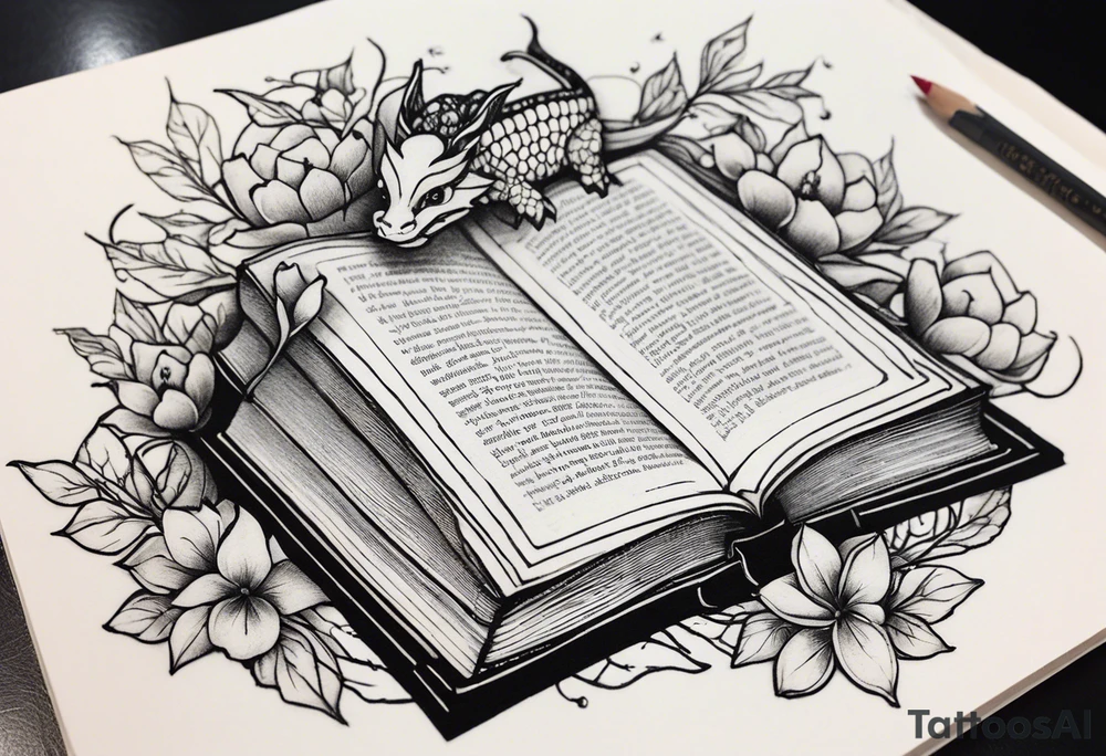 198 / 5.000
Two old books, one on top of the other, above them an open book, from the open book come out jasmine flowers with their leaves, on one side of the books there is a small dragon on the right side. tattoo idea
