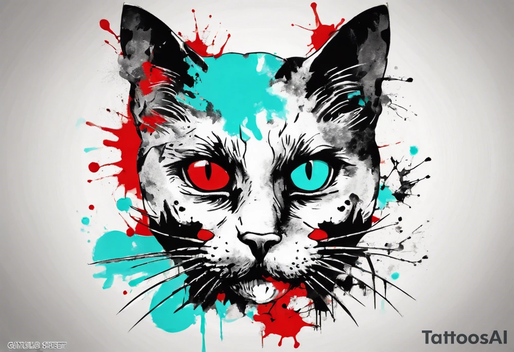 Black cat in the style of Banksy and Xoil, acquarel,  abstract, red and cyan, fractal, tattoo idea