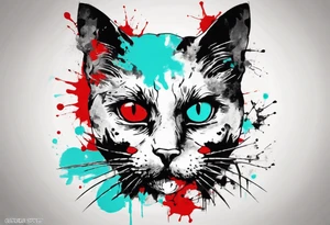 Black cat in the style of Banksy and Xoil, acquarel,  abstract, red and cyan, fractal, tattoo idea