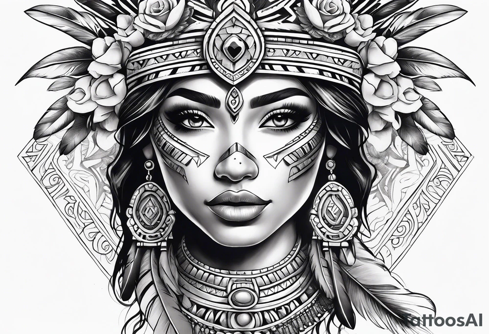 Aztec princess with roses and feathers tattoo idea