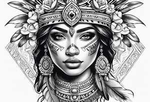 Aztec princess with roses and feathers tattoo idea