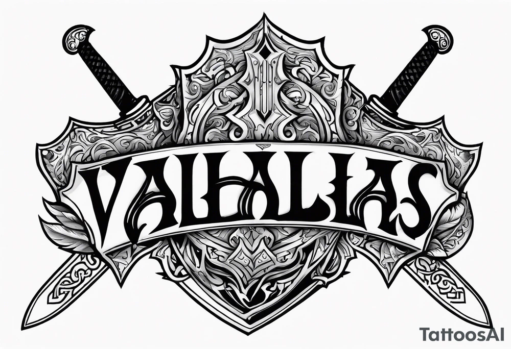 Valhalla flames shield sword tattoo idea