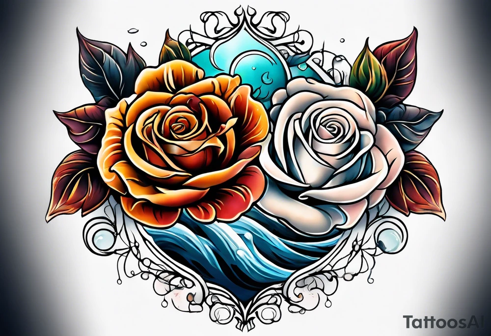 thigh tattoo with fall colors showing, flowers, roses, water flow, and sky tattoo idea