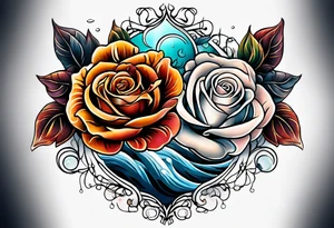 thigh tattoo with fall colors showing, flowers, roses, water flow, and sky tattoo idea