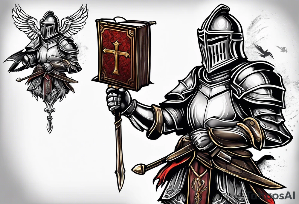 knight holding a bible over his head in combat with both hands tattoo idea