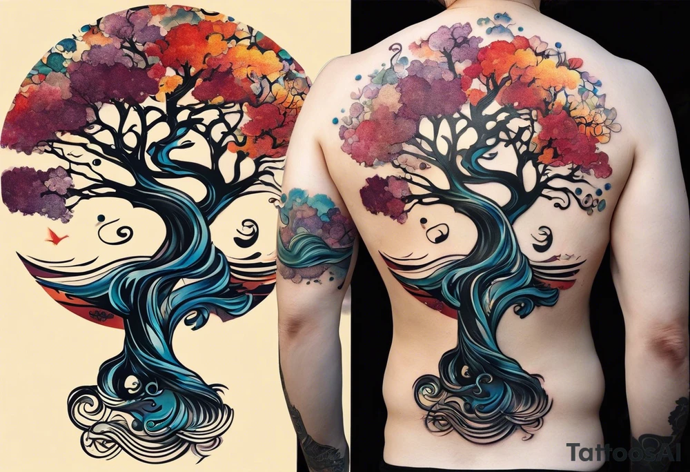 an abstract Tree of Life tattoo. It should have roots growing out of the bottom. The roots slowly turn into water from the Great Wave by Hokusai. A golf flag should be placed discreetly growing out of the ground. 2 license plate tags should be hanging from the tree. Place a few music notes in the areas the leaves should be. The letters A U should be engraving into the tree trunk in a heart. Black and white only. tattoo idea