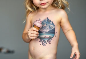 Little blond girl holding an ice cream cone but the ice cream has fallen off in front of a lake and mountain tattoo idea