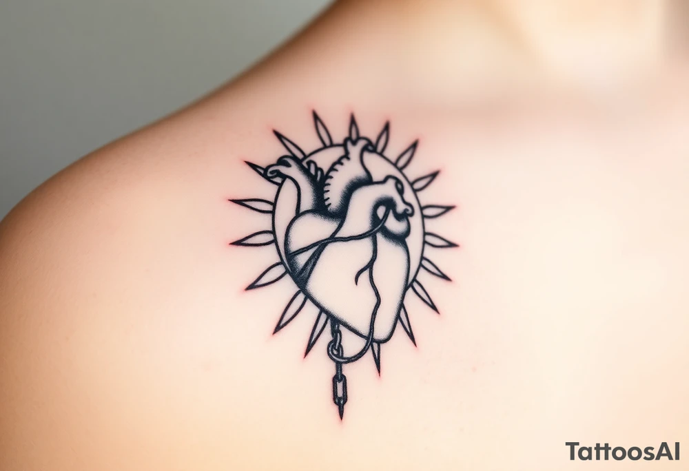 human heart chained up inside of the sublime sun, reggae vibe tattoo idea