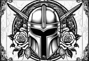 Outline of a broken Spartan helmet with a sword passing through the center around which a rose is interlaced. tattoo idea