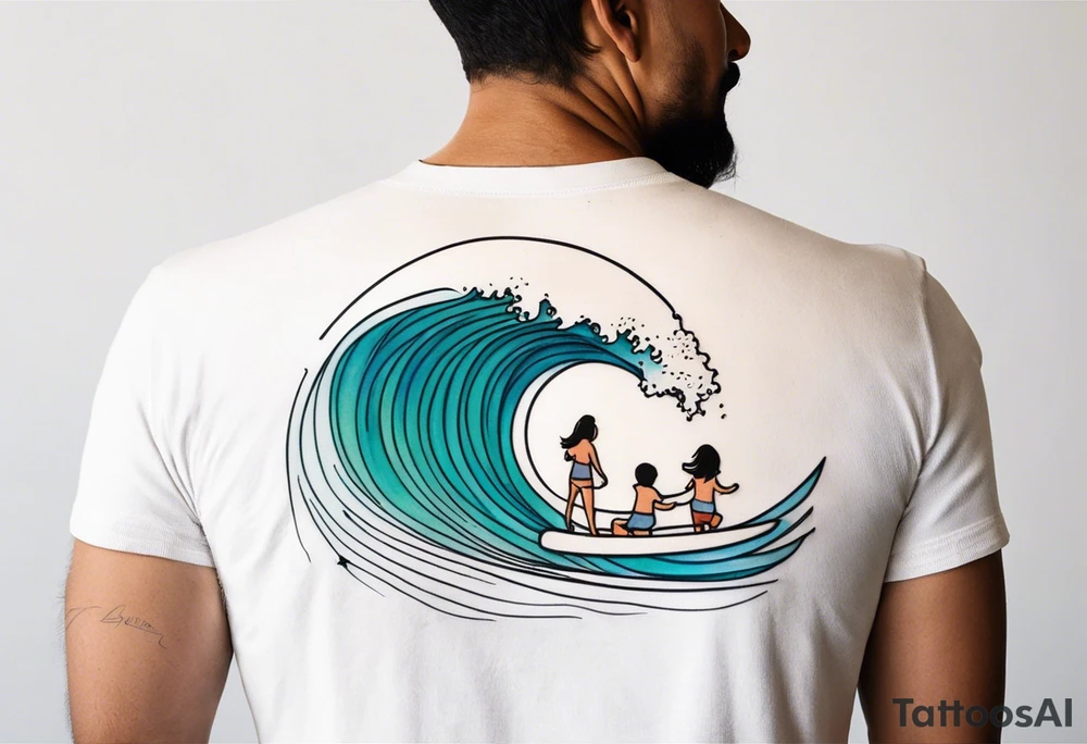 Single line wave tattoo with a dad and his two toddler daughters surfing on one surfboard tattoo idea