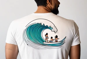 Single line wave tattoo with a dad and his two toddler daughters surfing on one surfboard tattoo idea