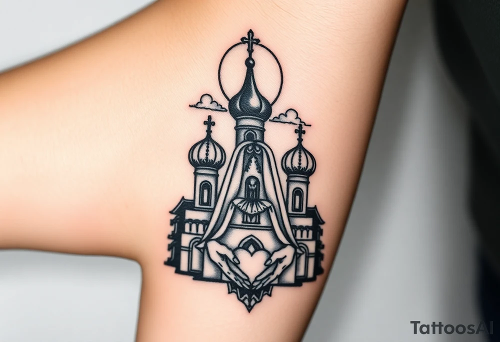 Russian Orthodox church with orthodox spire crosses, with a glow around the church, clouds above it and a virgin mary seperately looking over hands on heart sat above tattoo idea