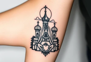 Russian Orthodox church with orthodox spire crosses, with a glow around the church, clouds above it and a virgin mary seperately looking over hands on heart sat above tattoo idea