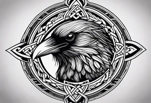 Raven head with Celtic compass and mountain on lower arm tattoo idea