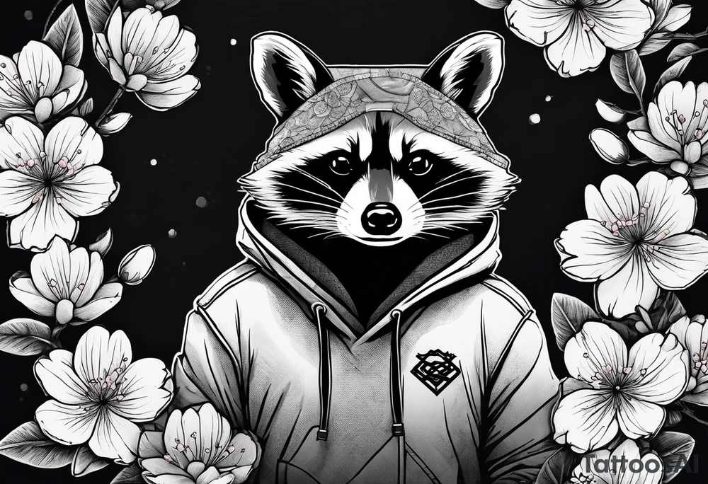 Raccoon wearing a Superman hoodie and Japanese cherry blossoms tattoo idea
