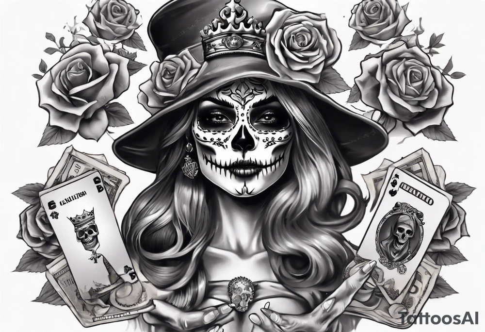 santa la muerta with money and crown
on the card tattoo idea