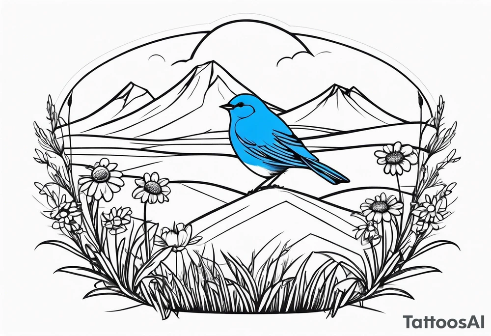 Small blue bird in field of grass and daisys Mountain View in distance tattoo idea