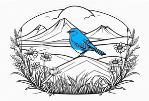 Small blue bird in field of grass and daisys Mountain View in distance tattoo idea