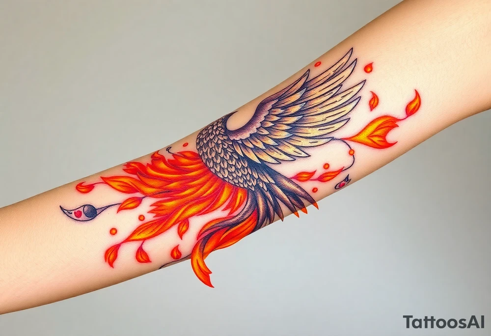 magnificent phoenix rising from golden flames with trailing embers tattoo idea