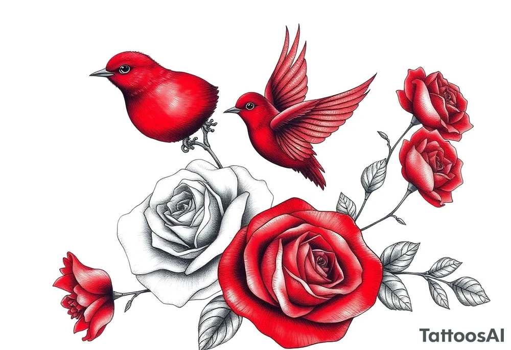 Vintage lace, red roses close together, bright red bird flying freely tattoo idea