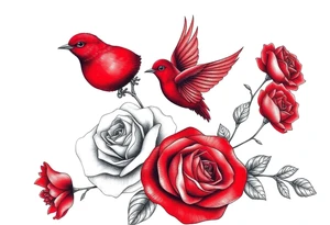 Vintage lace, red roses close together, bright red bird flying freely tattoo idea