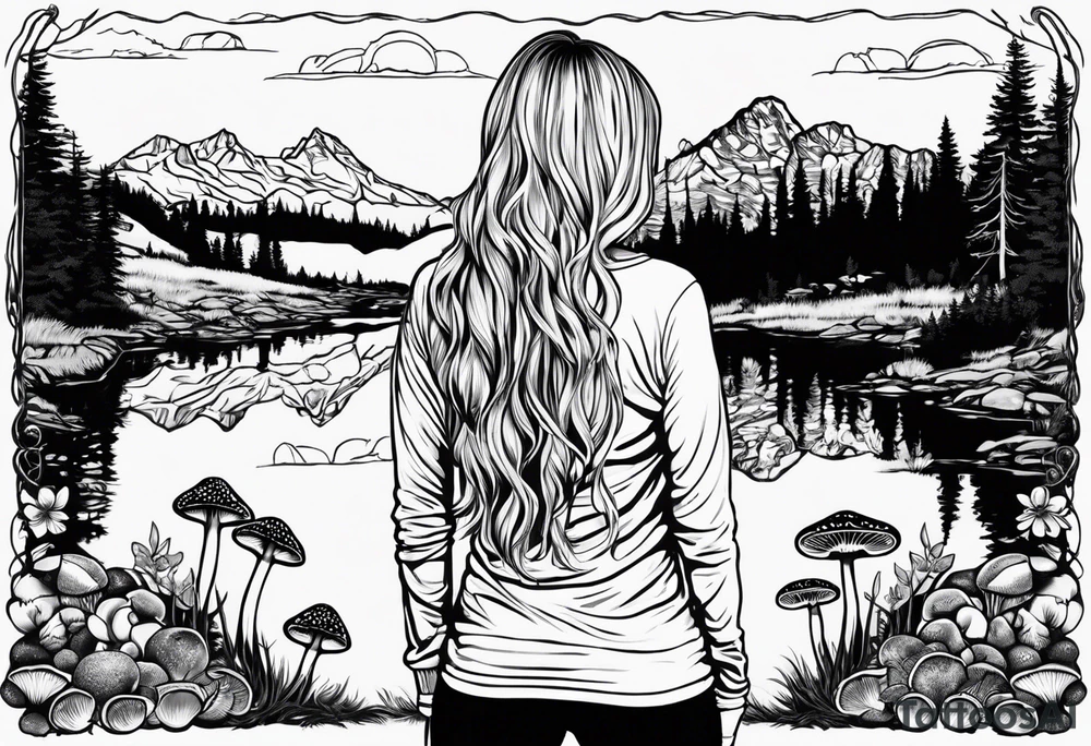 Whole picture encircled fully

Straight long blonde hair hippie girl in distance holding mushrooms in hand facing away toward mountains and creek surrounded by mushrooms long sleeve shirt and hiking pants; whole rendering within a full celtic circle, no cut off circle tattoo idea