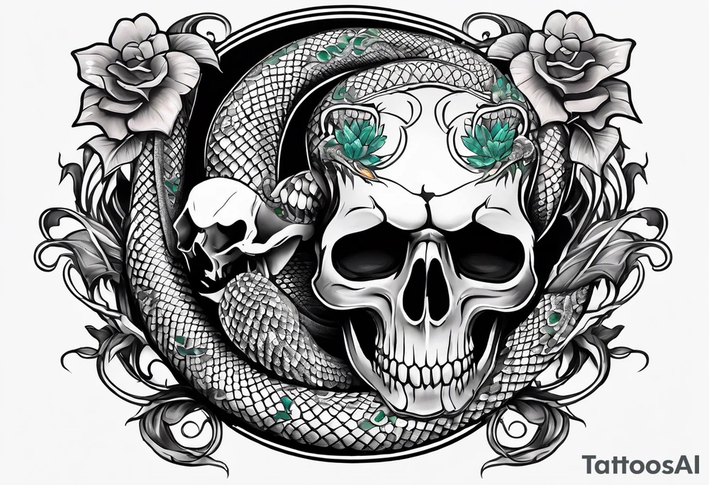 snake sleeve tattoo with skull, snake as focal point, with the word Hydra on it tattoo idea