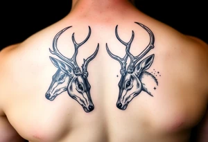 Two full body detailed deer heads down hitting horns to show dominance. tattoo idea