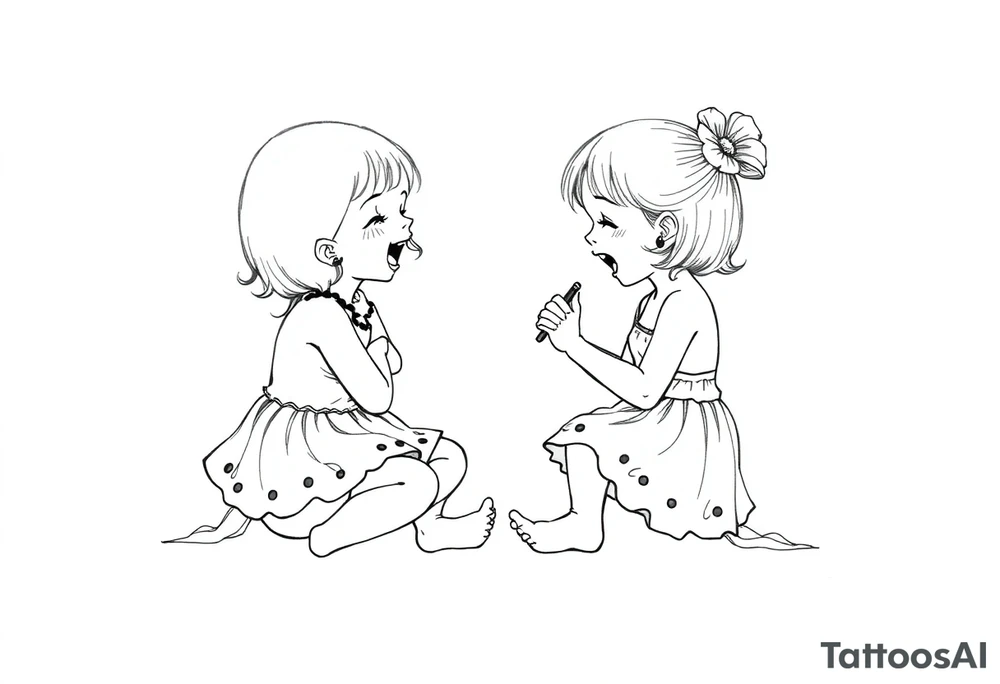 Zwei lachende kleine mädchen sitzen sich gegenüber eine hat einen Dutt die andere einen Zopf und sie berühren sich an den Fußsohlen seitenansicht tattoo idea