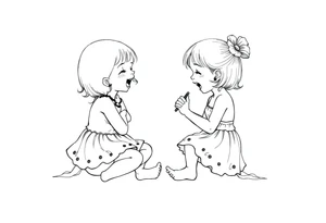 Zwei lachende kleine mädchen sitzen sich gegenüber eine hat einen Dutt die andere einen Zopf und sie berühren sich an den Fußsohlen seitenansicht tattoo idea