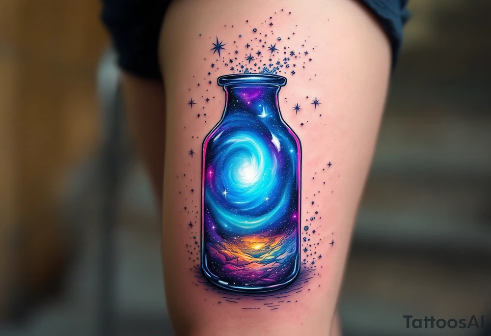 A glass jug filled with a swirling galaxy, with vibrant blues, purples, and silver stardust pouring out like cosmic energy. tattoo idea