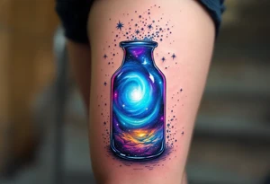 A glass jug filled with a swirling galaxy, with vibrant blues, purples, and silver stardust pouring out like cosmic energy. tattoo idea