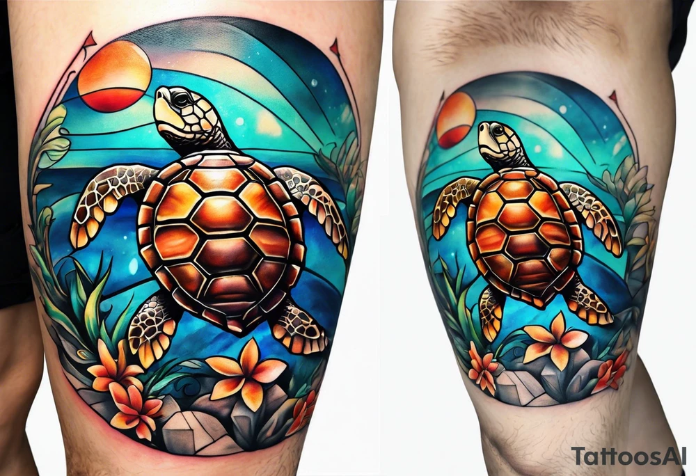 sea turtle on knee with shell on the knee cap tattoo idea