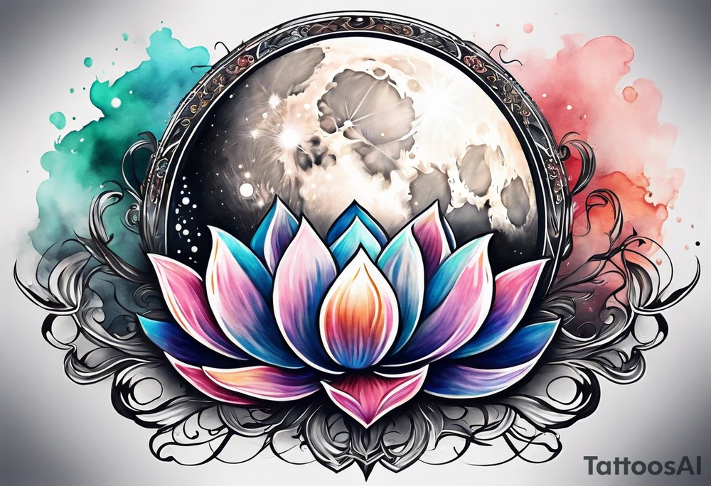 Moon surrounded by ribbons of smoke that dissolve into a lotus tattoo idea