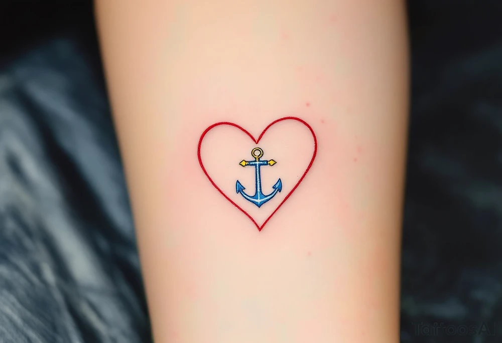Tiny black font placed within a heart outline in red, with a gold cross on top and a blue anchor below. tattoo idea