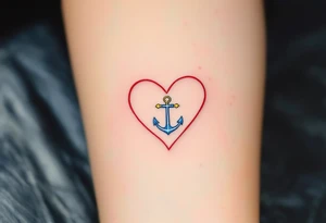 Tiny black font placed within a heart outline in red, with a gold cross on top and a blue anchor below. tattoo idea