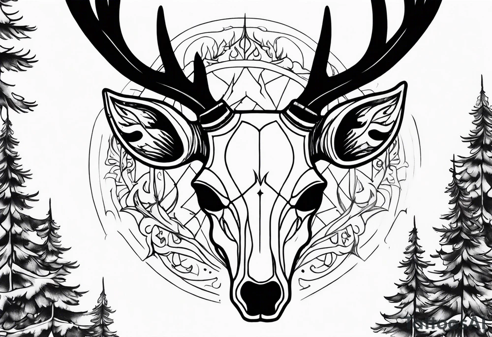 side photo of a deer skull JUST BONE surrounded by a flames and trees tattoo idea