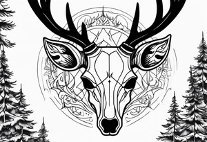 side photo of a deer skull JUST BONE surrounded by a flames and trees tattoo idea