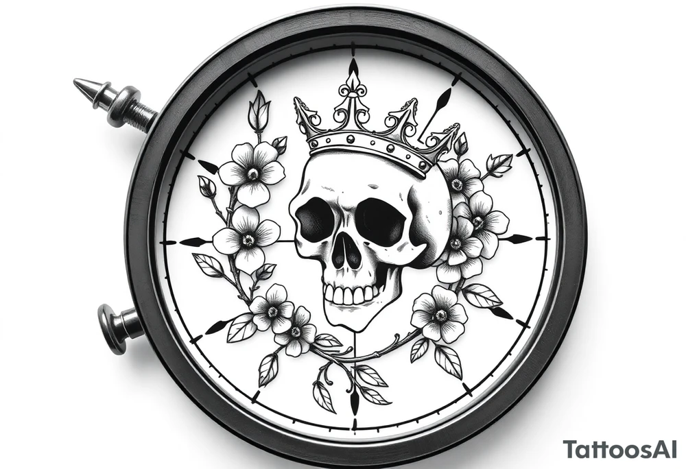 Compass with detailed beautiful gothic boho flowers on vine and skull with gorgeous crown tattoo idea