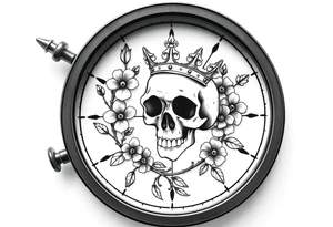 Compass with detailed beautiful gothic boho flowers on vine and skull with gorgeous crown tattoo idea