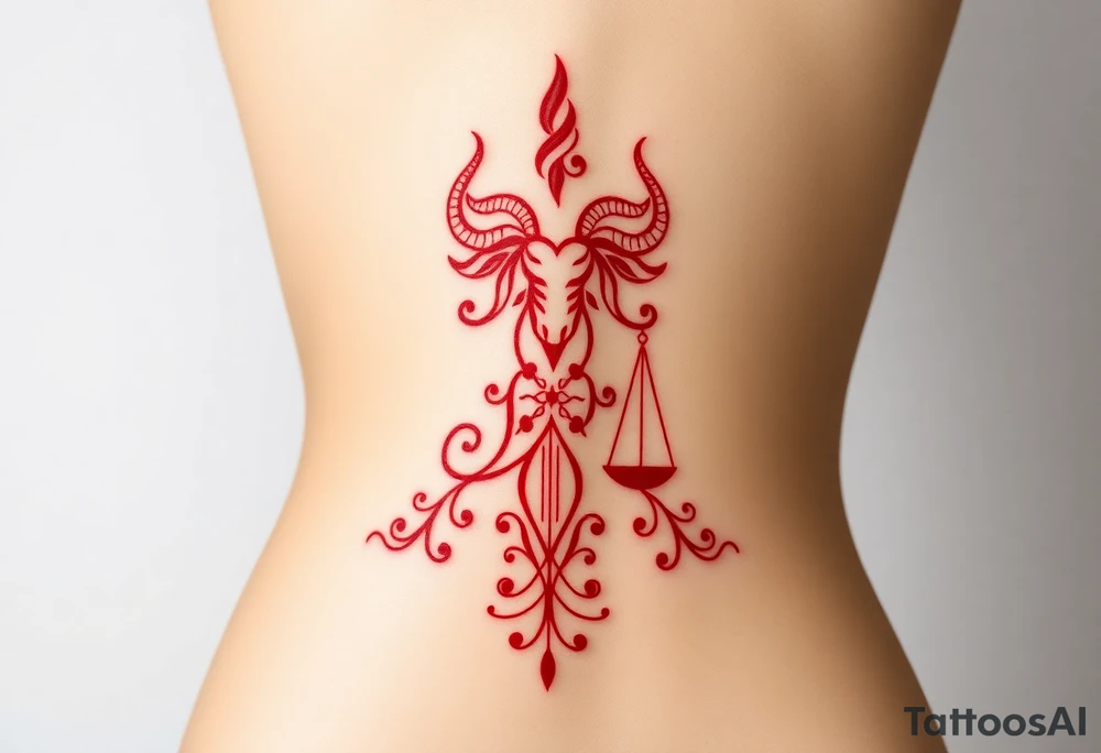 Tattoo that combines the star sign Taurus and Libra ,in red , down the spine tattoo idea