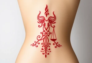 Tattoo that combines the star sign Taurus and Libra ,in red , down the spine tattoo idea