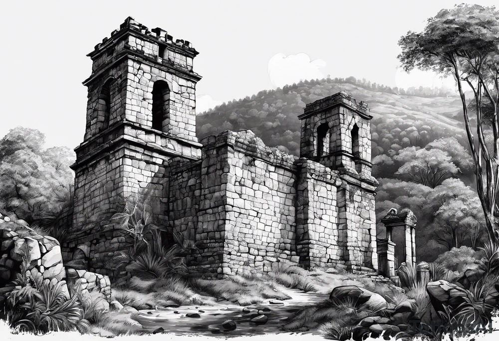 Ruinas de Sao Miguel no Rio Grande do Sul com um gaúcho montado a cavalo tattoo idea
