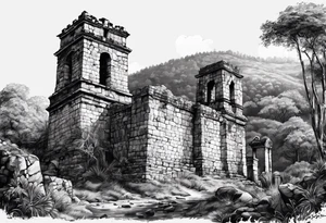 Ruinas de Sao Miguel no Rio Grande do Sul com um gaúcho montado a cavalo tattoo idea