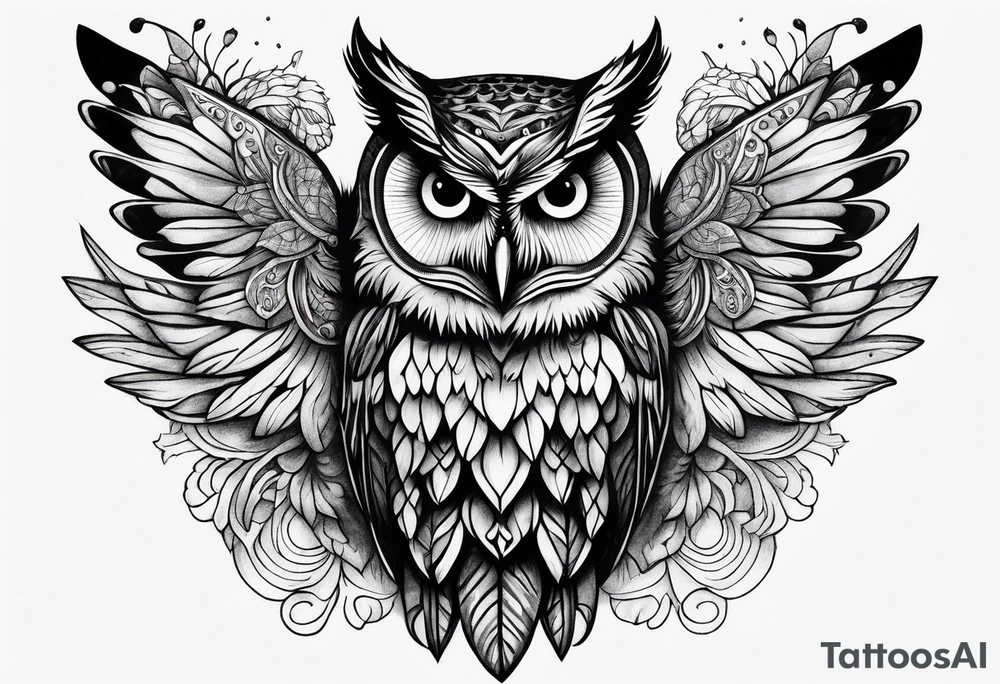 An owl with Dead head moth wings tattoo idea
