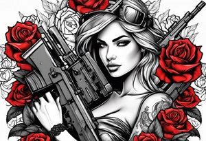 Beautiful woman angle holding a AK 47 surrounded by roses tattoo idea