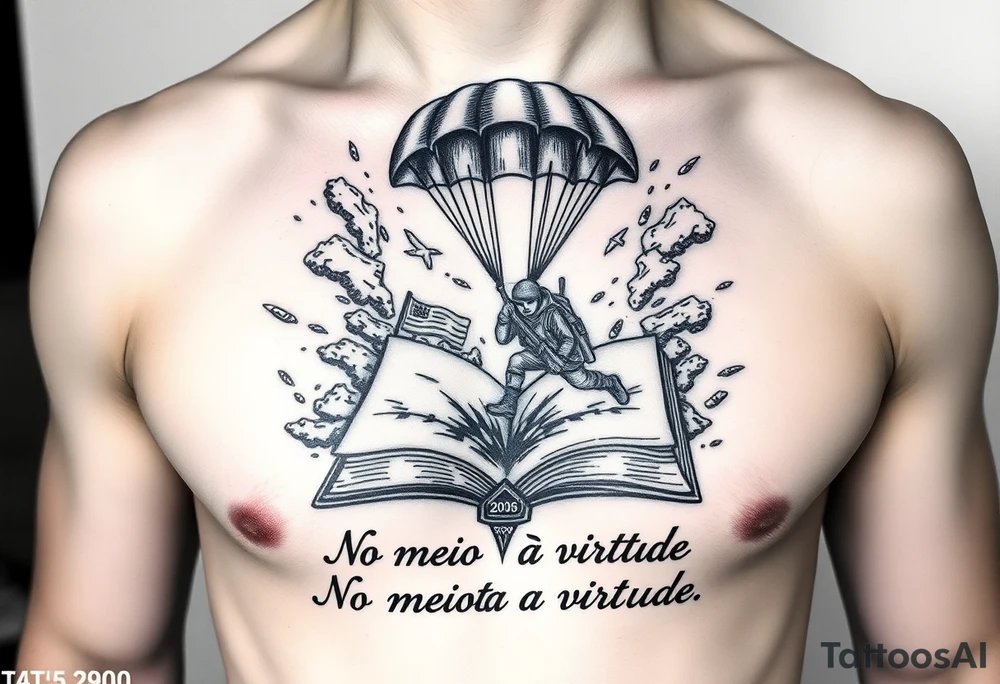 A parachuting soldier landing into an open book. Chaos surrounding, but the book is protecting the soldier from it. On the chest. Make it smaller. Thought provoking. 1936-2020  and "No meio esta a virtude" underneath the book tattoo idea