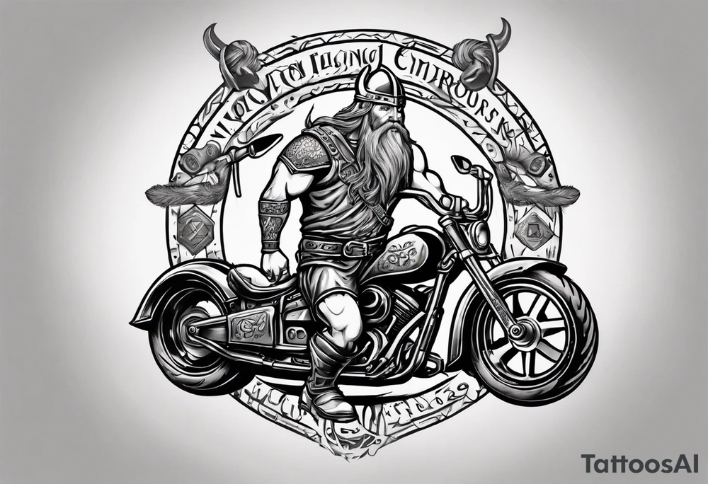 I want a detailed tattoo of a viking working on a motorcycle with the company name “Viking Customs” incorporated in the design tattoo idea