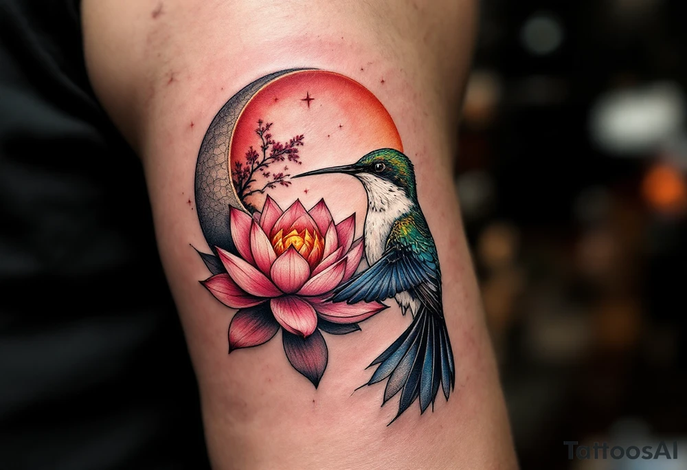 A hummingbird drinking from a lotus flower with one wing made of light (sun disc) and the other made of shadow (crescent moon) (red and black only) tattoo idea